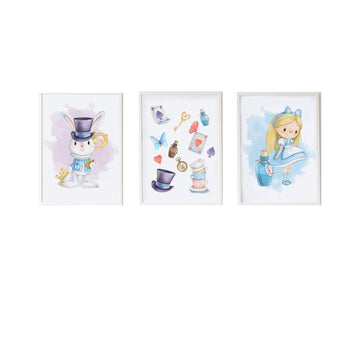 Jeu de 3 tableaux Crochetts Alice Multicouleur Bois MDF 33 x 43 x 2 cm Lapin Chapeau Fille (3 Pièces)