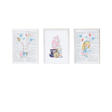 Jeu de 3 tableaux Crochetts Alice Multicouleur Bois MDF 33 x 43 x 2 cm Lapin Fleurs Fille (3 Pièces)