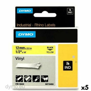 Ruban Laminé pour Etiqueteuses Rhino Dymo ID1-12 12 x 5,5 mm Noir Jaune Autocollants (5 Unités)